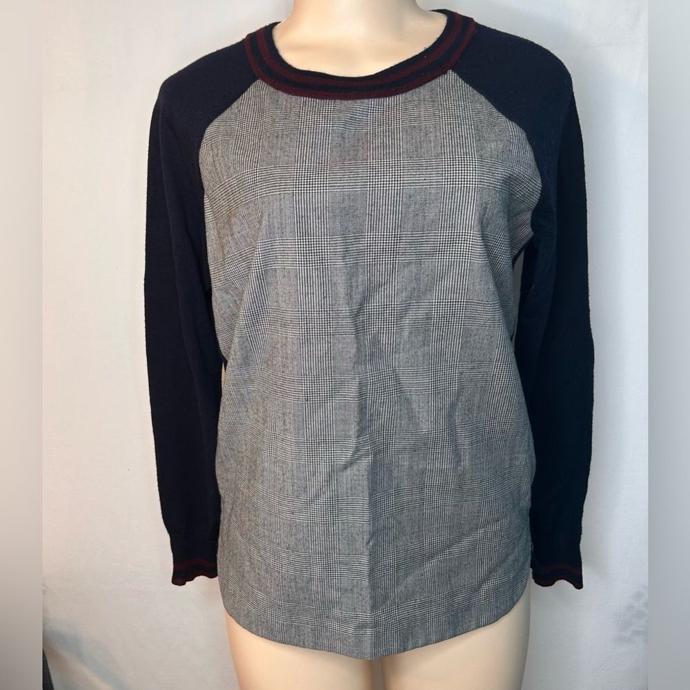 J. Crew Glen Navy and Burgundy Women’s Sweater Plaid Panel Front Merino Wool S